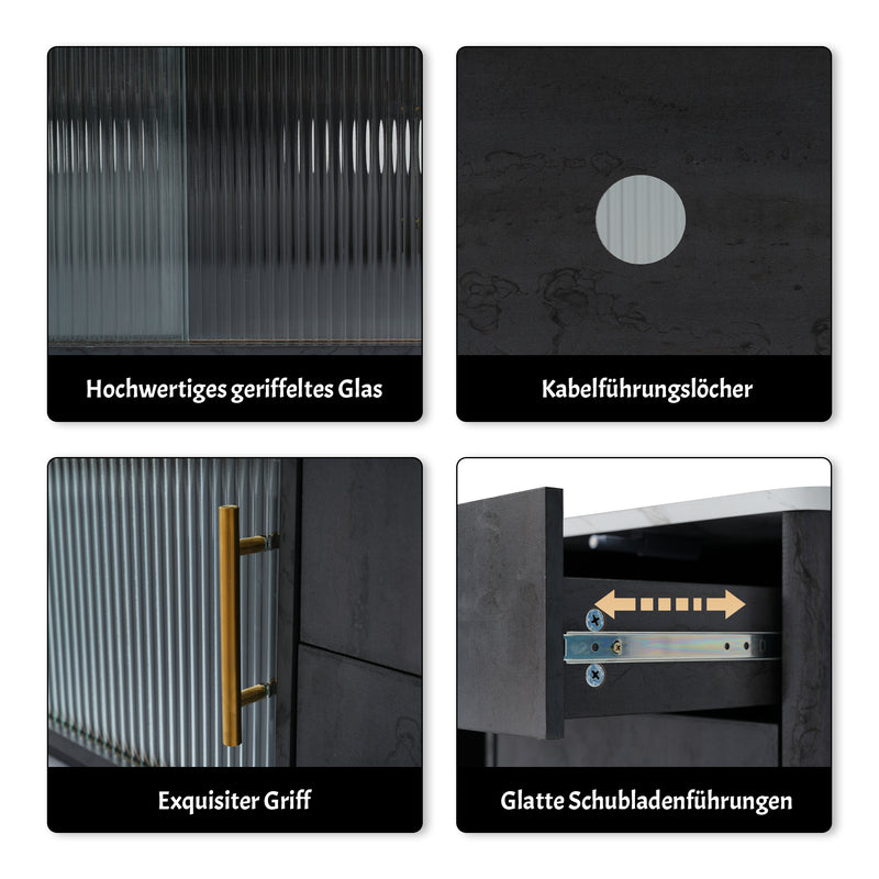Meuble TV Moderne Gris avec Plateau Effet Marbre et Rangement Intelligent PHOLO