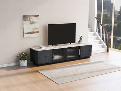 Meuble TV Moderne Gris avec Plateau Effet Marbre et Rangement Intelligent PHOLO