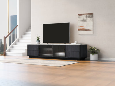 Meuble TV Moderne Gris avec Plateau Effet Marbre et Rangement Intelligent PHOLO