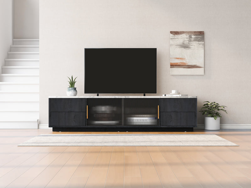 Meuble TV Moderne Gris avec Plateau Effet Marbre et Rangement Intelligent PHOLO