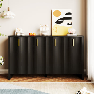Meuble TV/Buffet Moderne Noir avec Poignées Dorées et Étagères Réglables (140x38x80cm) QAKVIED