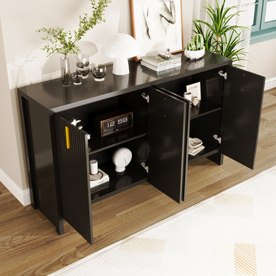 Meuble TV/Buffet Moderne Noir avec Poignées Dorées et Étagères Réglables (140x38x80cm) QAKVIED
