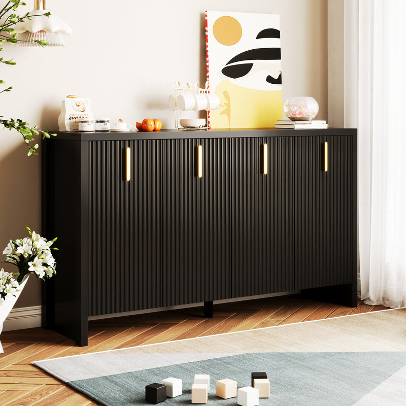 Meuble TV/Buffet Moderne Noir avec Poignées Dorées et Étagères Réglables (140x38x80cm) QAKVIED