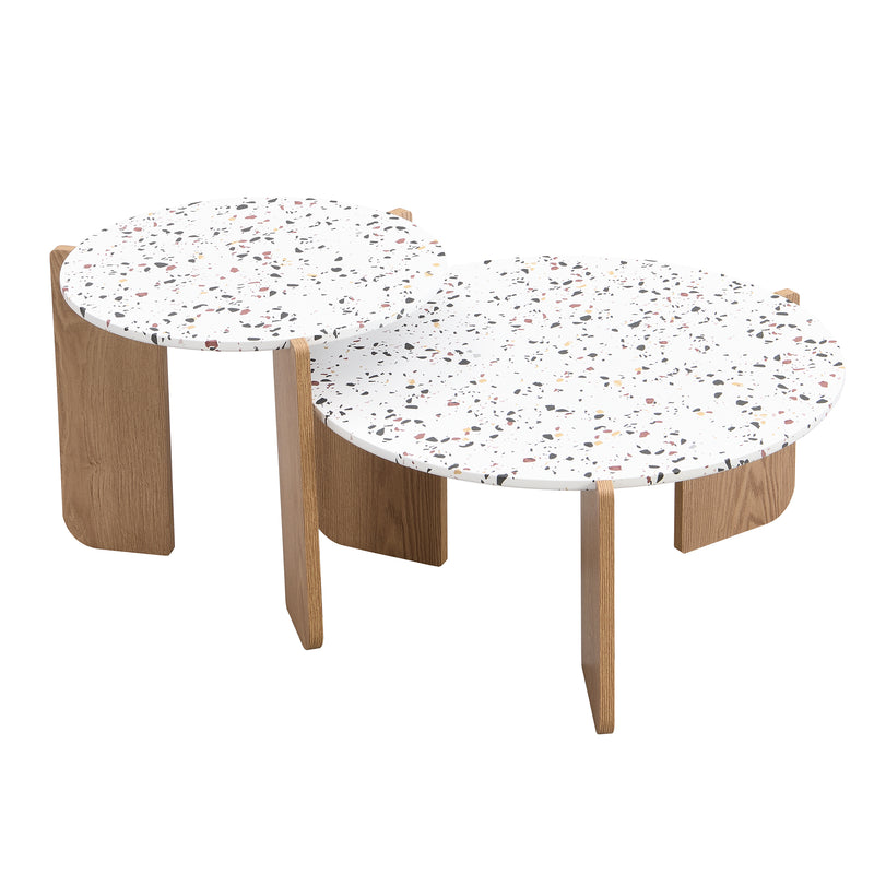 Ensemble de 2 Tables Basses Gigognes Rondes - Plateau Effet Terrazzo et Pieds Bois Naturel QEGZA WOOD