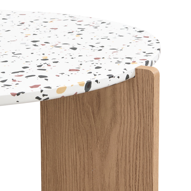 Ensemble de 2 Tables Basses Gigognes Rondes - Plateau Effet Terrazzo et Pieds Bois Naturel QEGZA WOOD