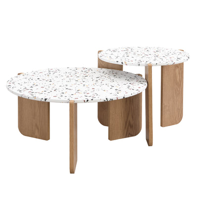 Ensemble de 2 Tables Basses Gigognes Rondes - Plateau Effet Terrazzo et Pieds Bois Naturel QEGZA WOOD