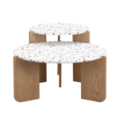 Ensemble de 2 Tables Basses Gigognes Rondes - Plateau Effet Terrazzo et Pieds Bois Naturel QEGZA WOOD