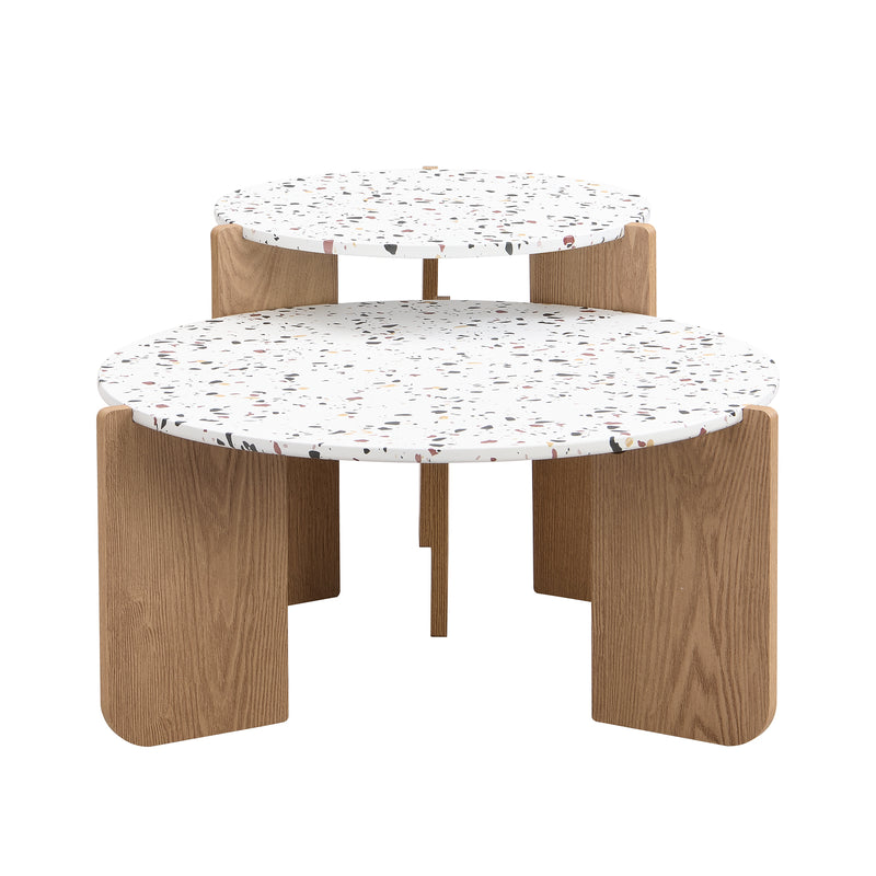 Ensemble de 2 Tables Basses Gigognes Rondes - Plateau Effet Terrazzo et Pieds Bois Naturel QEGZA WOOD