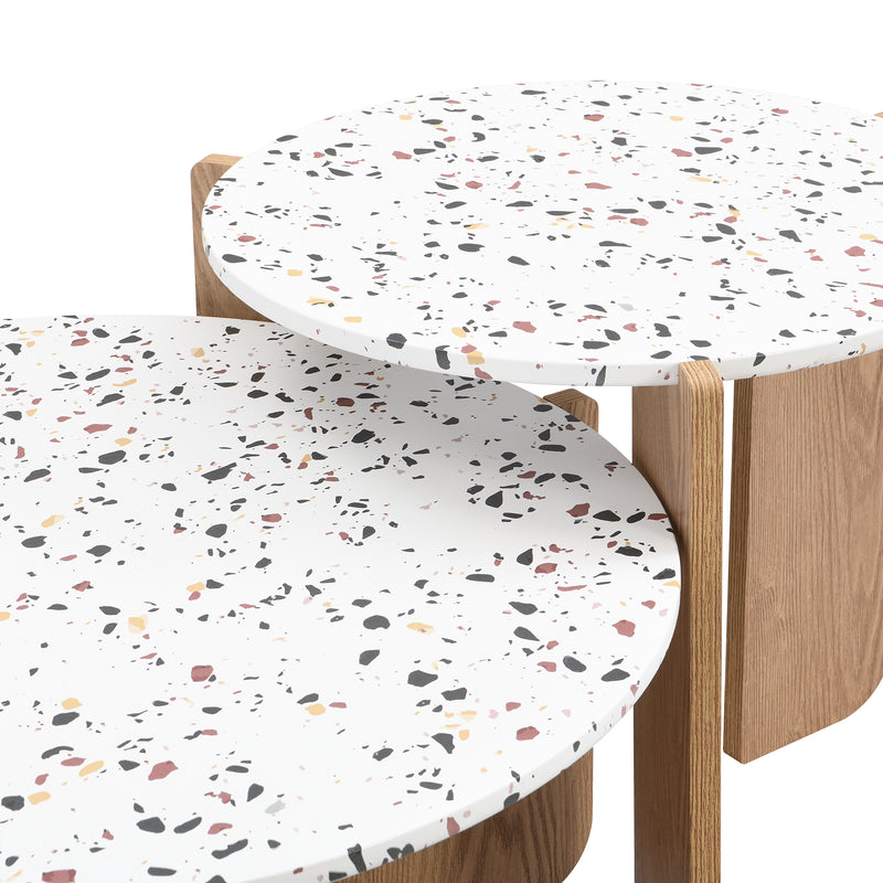 Ensemble de 2 Tables Basses Gigognes Rondes - Plateau Effet Terrazzo et Pieds Bois Naturel QEGZA WOOD