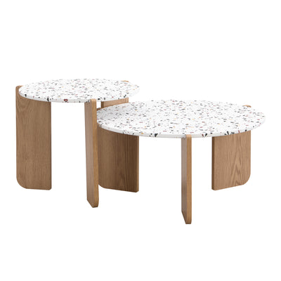 Ensemble de 2 Tables Basses Gigognes Rondes - Plateau Effet Terrazzo et Pieds Bois Naturel QEGZA WOOD