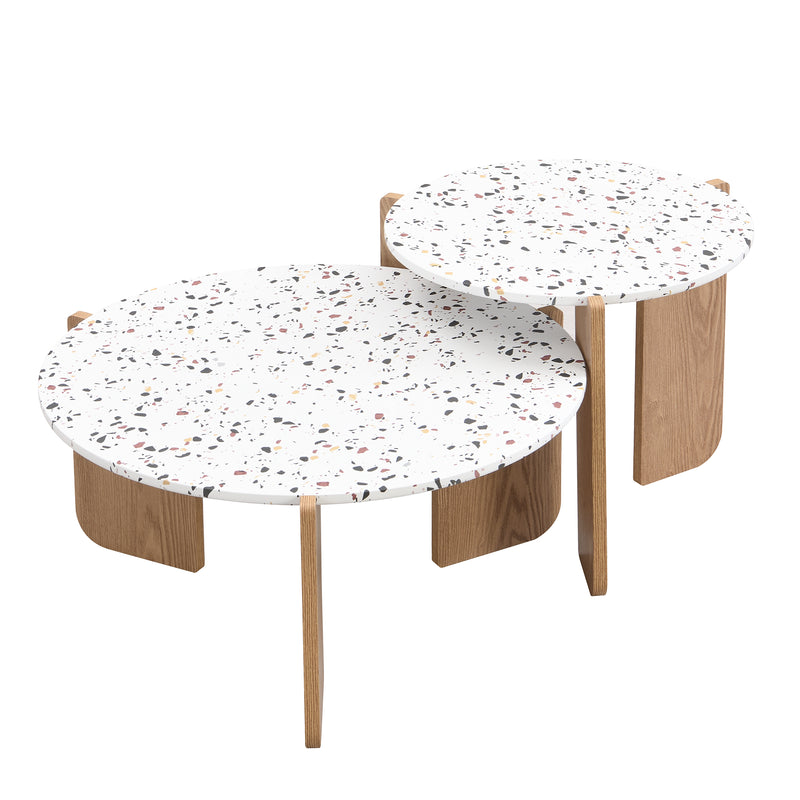 Ensemble de 2 Tables Basses Gigognes Rondes - Plateau Effet Terrazzo et Pieds Bois Naturel QEGZA WOOD
