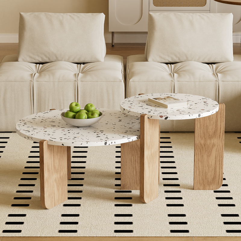 Ensemble de 2 Tables Basses Gigognes Rondes - Plateau Effet Terrazzo et Pieds Bois Naturel QEGZA WOOD