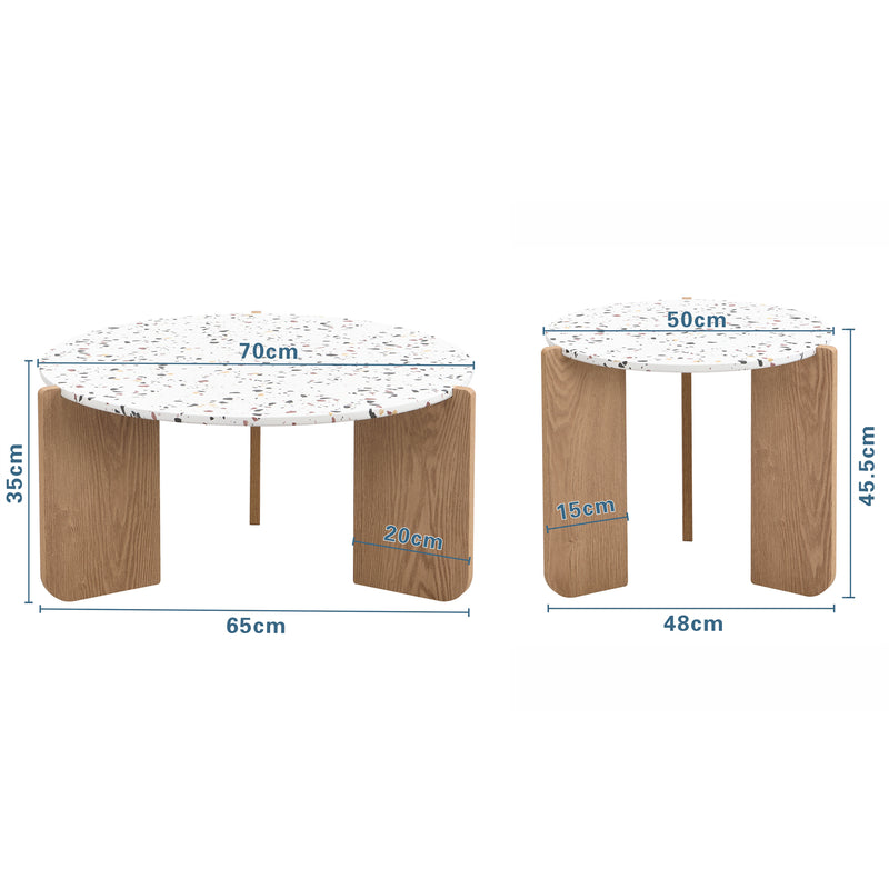 Ensemble de 2 Tables Basses Gigognes Rondes - Plateau Effet Terrazzo et Pieds Bois Naturel QEGZA WOOD