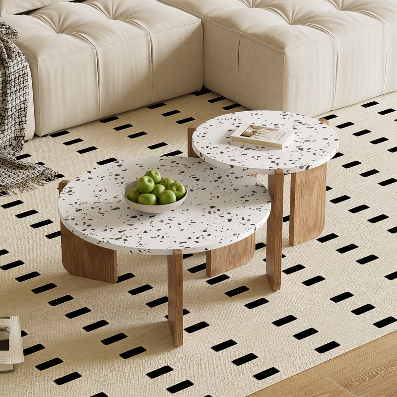 Ensemble de 2 Tables Basses Gigognes Rondes - Plateau Effet Terrazzo et Pieds Bois Naturel QEGZA WOOD