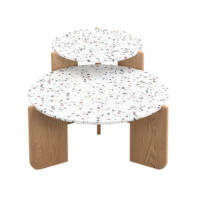 Ensemble de 2 Tables Basses Gigognes Rondes - Plateau Effet Terrazzo et Pieds Bois Naturel QEGZA WOOD
