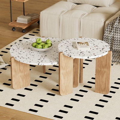 Ensemble de 2 Tables Basses Gigognes Rondes - Plateau Effet Terrazzo et Pieds Bois Naturel QEGZA WOOD