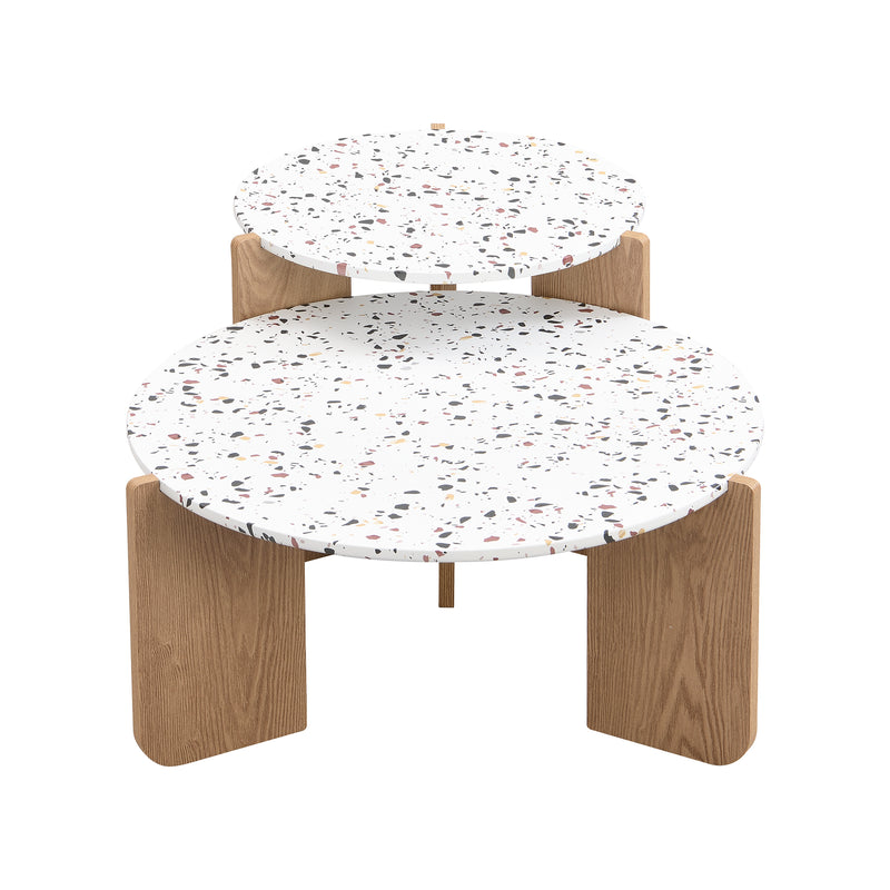 Ensemble de 2 Tables Basses Gigognes Rondes - Plateau Effet Terrazzo et Pieds Bois Naturel QEGZA WOOD