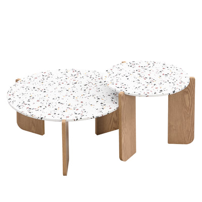 Ensemble de 2 Tables Basses Gigognes Rondes - Plateau Effet Terrazzo et Pieds Bois Naturel QEGZA WOOD