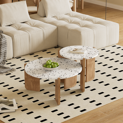 Ensemble de 2 Tables Basses Gigognes Rondes - Plateau Effet Terrazzo et Pieds Bois Naturel QEGZA WOOD