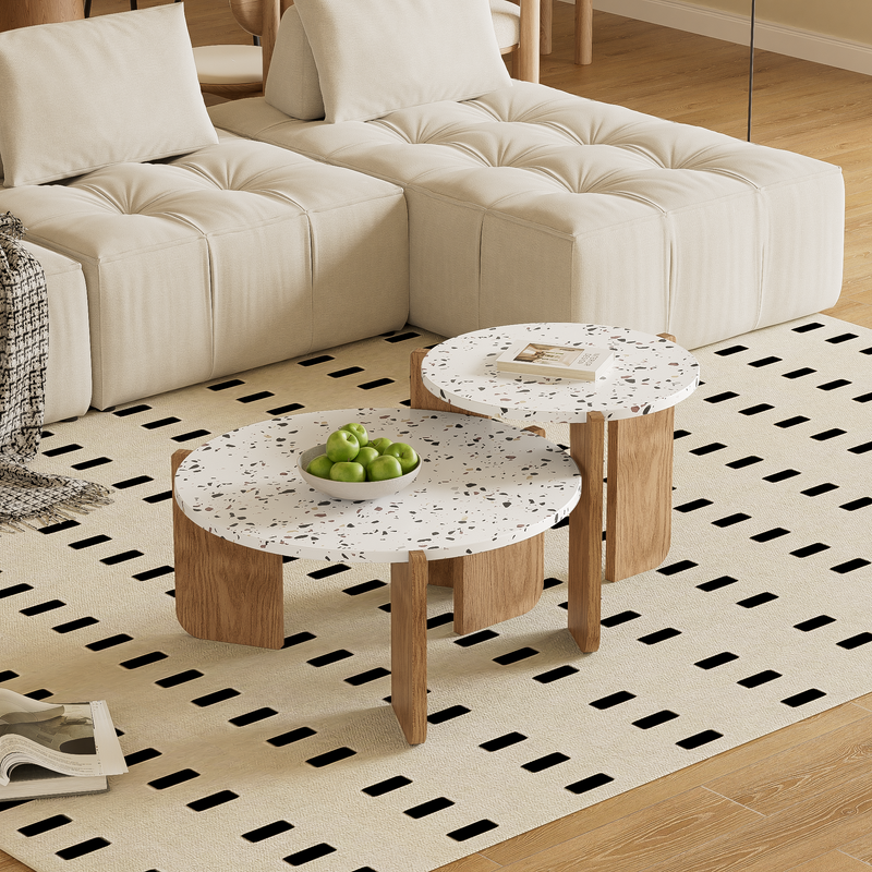 Ensemble de 2 Tables Basses Gigognes Rondes - Plateau Effet Terrazzo et Pieds Bois Naturel QEGZA WOOD