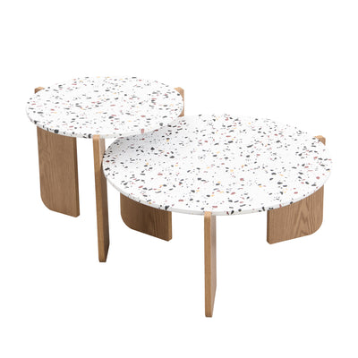 Ensemble de 2 Tables Basses Gigognes Rondes - Plateau Effet Terrazzo et Pieds Bois Naturel QEGZA WOOD