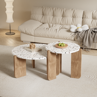 Ensemble de 2 Tables Basses Gigognes Rondes - Plateau Effet Terrazzo et Pieds Bois Naturel QEGZA WOOD