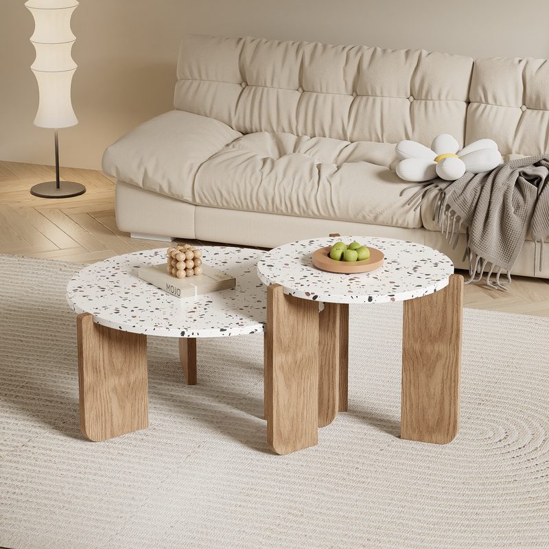 Ensemble de 2 Tables Basses Gigognes Rondes - Plateau Effet Terrazzo et Pieds Bois Naturel QEGZA WOOD