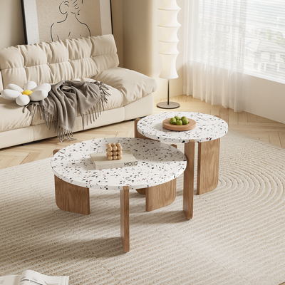 Ensemble de 2 Tables Basses Gigognes Rondes - Plateau Effet Terrazzo et Pieds Bois Naturel QEGZA WOOD