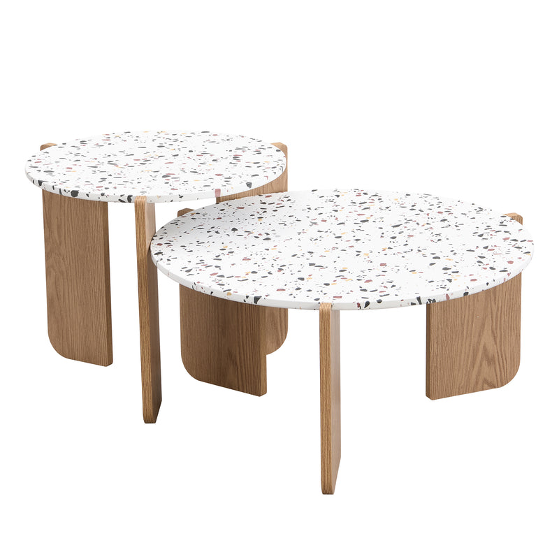 Ensemble de 2 Tables Basses Gigognes Rondes - Plateau Effet Terrazzo et Pieds Bois Naturel QEGZA WOOD