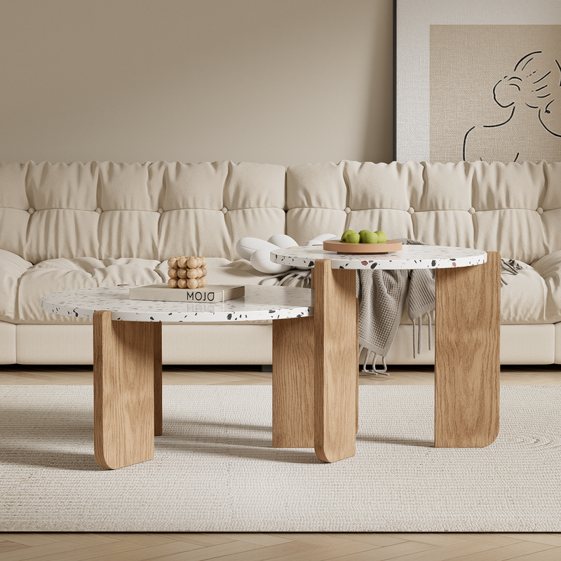 Ensemble de 2 Tables Basses Gigognes Rondes - Plateau Effet Terrazzo et Pieds Bois Naturel QEGZA WOOD