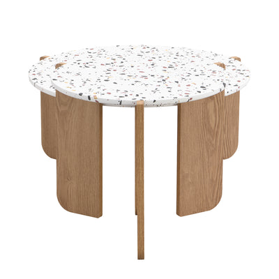 Ensemble de 2 Tables Basses Gigognes Rondes - Plateau Effet Terrazzo et Pieds Bois Naturel QEGZA WOOD