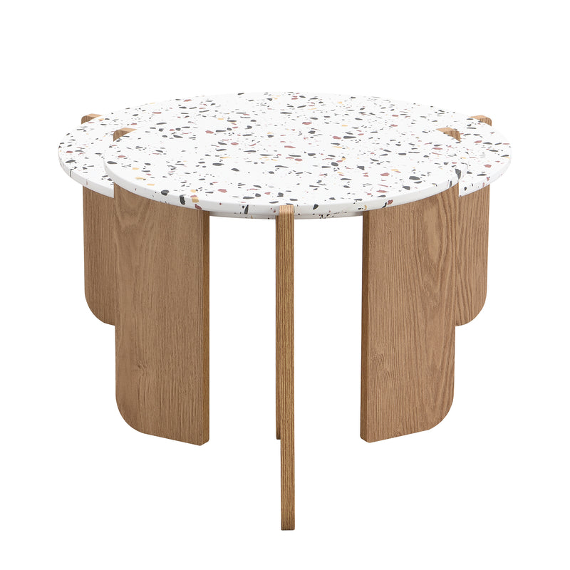 Ensemble de 2 Tables Basses Gigognes Rondes - Plateau Effet Terrazzo et Pieds Bois Naturel QEGZA WOOD