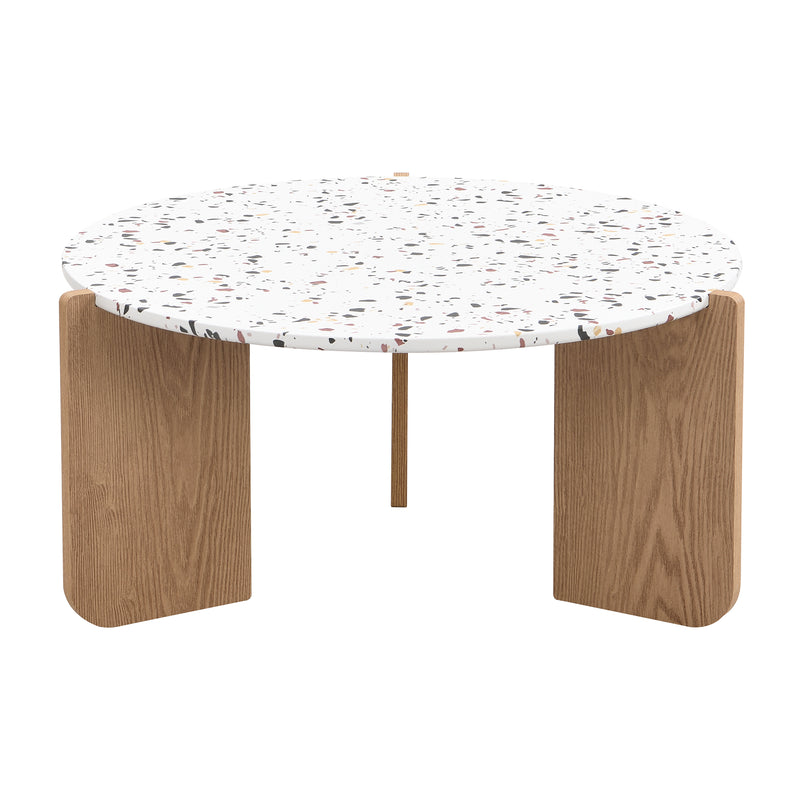 Ensemble de 2 Tables Basses Gigognes Rondes - Plateau Effet Terrazzo et Pieds Bois Naturel QEGZA WOOD