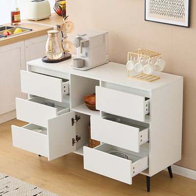 Buffet Moderne Blanc Brillant avec Éclairage LED, 6 Tiroirs Silencieux et Pieds Métalliques Noirs – 120 x 40 x 80 cm QHENGROL