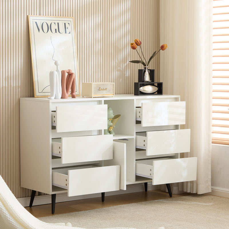 Buffet Moderne Blanc Brillant avec Éclairage LED, 6 Tiroirs Silencieux et Pieds Métalliques Noirs – 120 x 40 x 80 cm QHENGROL