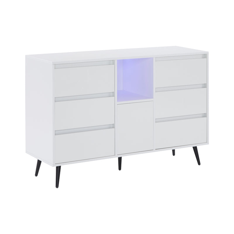 Buffet Moderne Blanc Brillant avec Éclairage LED, 6 Tiroirs Silencieux et Pieds Métalliques Noirs – 120 x 40 x 80 cm QHENGROL