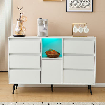 Buffet Moderne Blanc Brillant avec Éclairage LED, 6 Tiroirs Silencieux et Pieds Métalliques Noirs – 120 x 40 x 80 cm QHENGROL