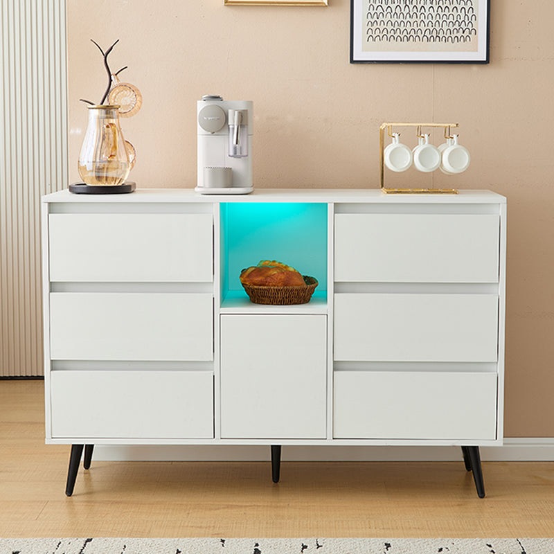 Buffet Moderne Blanc Brillant avec Éclairage LED, 6 Tiroirs Silencieux et Pieds Métalliques Noirs – 120 x 40 x 80 cm QHENGROL