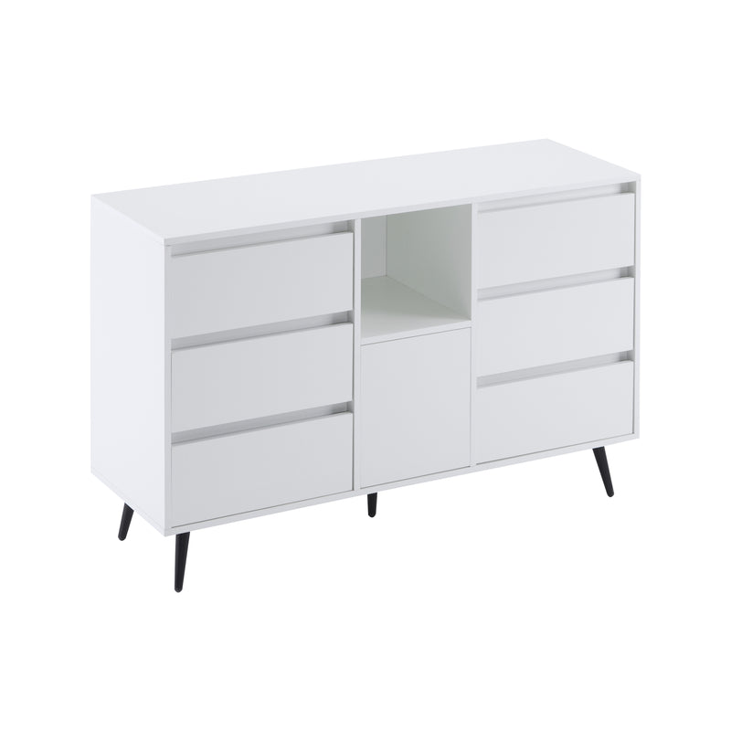 Buffet Moderne Blanc Brillant avec Éclairage LED, 6 Tiroirs Silencieux et Pieds Métalliques Noirs – 120 x 40 x 80 cm QHENGROL