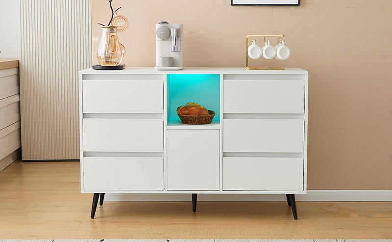 Buffet Moderne Blanc Brillant avec Éclairage LED, 6 Tiroirs Silencieux et Pieds Métalliques Noirs – 120 x 40 x 80 cm QHENGROL