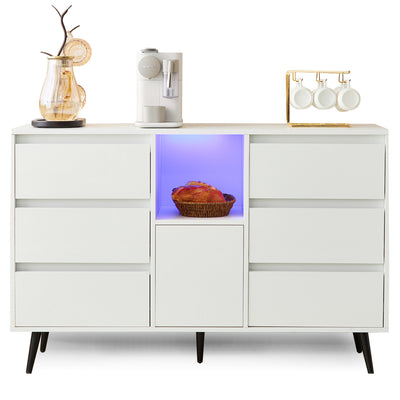 Buffet Moderne Blanc Brillant avec Éclairage LED, 6 Tiroirs Silencieux et Pieds Métalliques Noirs – 120 x 40 x 80 cm QHENGROL