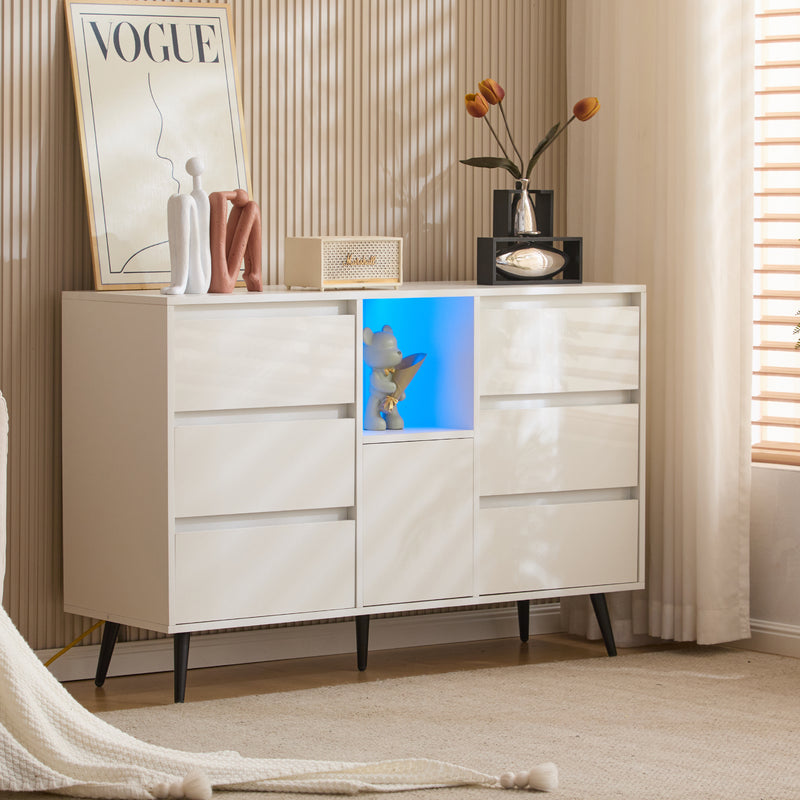 Buffet Moderne Blanc Brillant avec Éclairage LED, 6 Tiroirs Silencieux et Pieds Métalliques Noirs – 120 x 40 x 80 cm QHENGROL