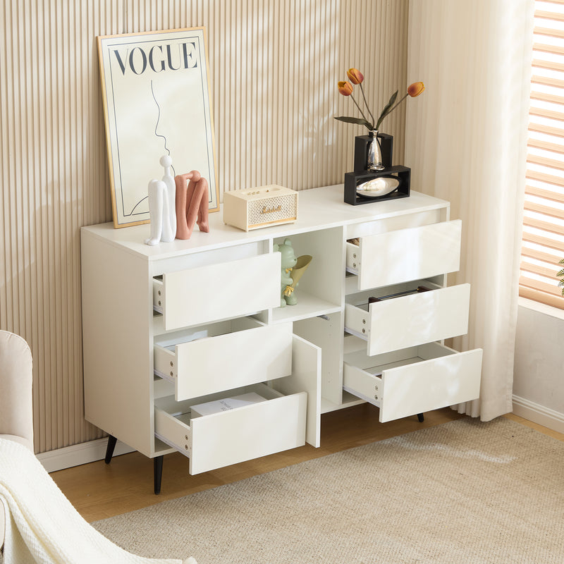 Buffet Moderne Blanc Brillant avec Éclairage LED, 6 Tiroirs Silencieux et Pieds Métalliques Noirs – 120 x 40 x 80 cm QHENGROL