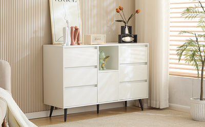 Buffet Moderne Blanc Brillant avec Éclairage LED, 6 Tiroirs Silencieux et Pieds Métalliques Noirs – 120 x 40 x 80 cm QHENGROL