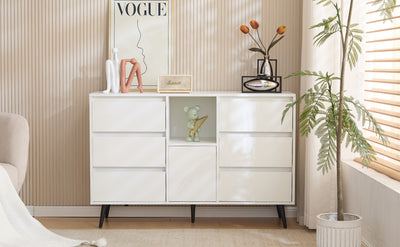Buffet Moderne Blanc Brillant avec Éclairage LED, 6 Tiroirs Silencieux et Pieds Métalliques Noirs – 120 x 40 x 80 cm QHENGROL