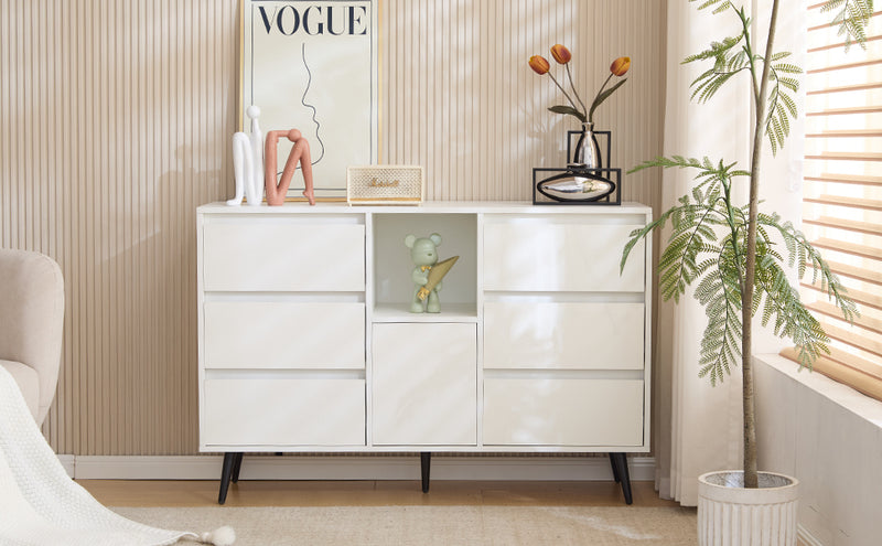 Buffet Moderne Blanc Brillant avec Éclairage LED, 6 Tiroirs Silencieux et Pieds Métalliques Noirs – 120 x 40 x 80 cm QHENGROL