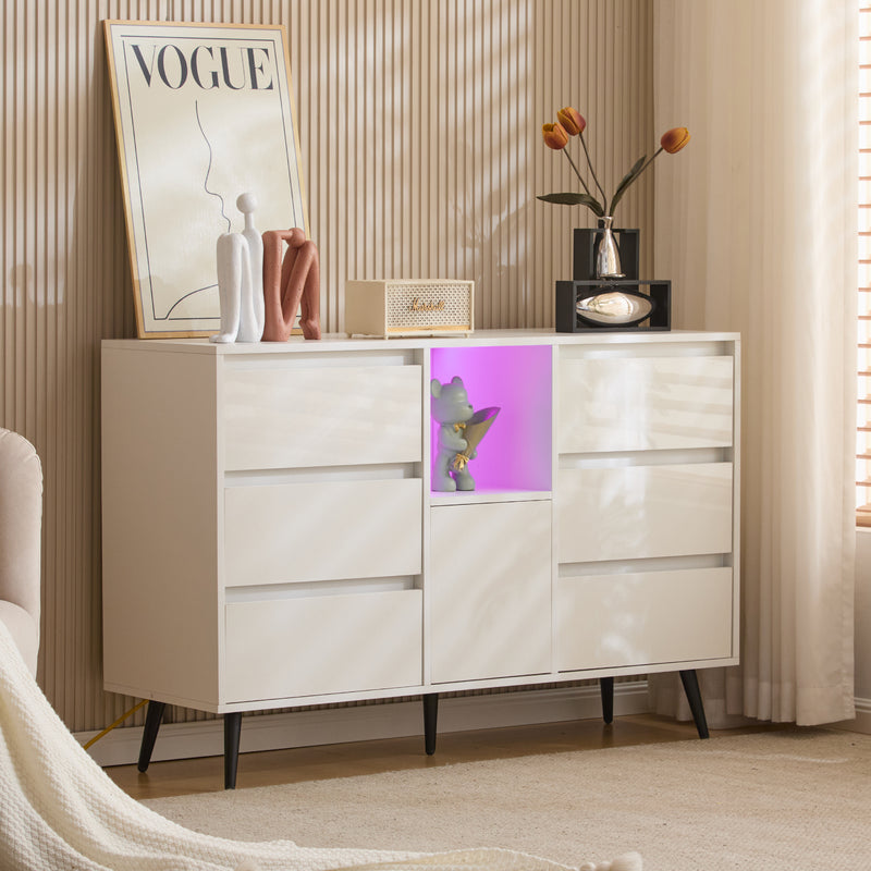 Buffet Moderne Blanc Brillant avec Éclairage LED, 6 Tiroirs Silencieux et Pieds Métalliques Noirs – 120 x 40 x 80 cm QHENGROL