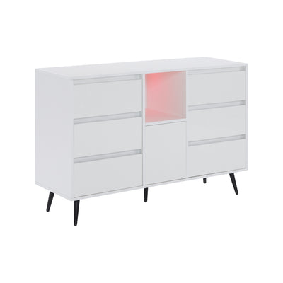 Buffet Moderne Blanc Brillant avec Éclairage LED, 6 Tiroirs Silencieux et Pieds Métalliques Noirs – 120 x 40 x 80 cm QHENGROL
