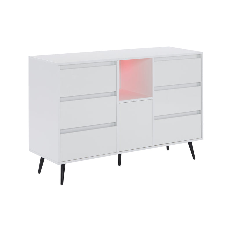 Buffet Moderne Blanc Brillant avec Éclairage LED, 6 Tiroirs Silencieux et Pieds Métalliques Noirs – 120 x 40 x 80 cm QHENGROL