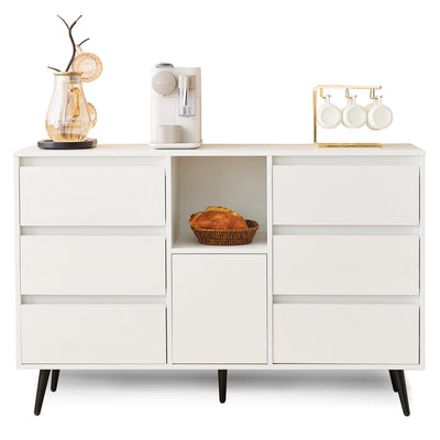 Buffet Moderne Blanc Brillant avec Éclairage LED, 6 Tiroirs Silencieux et Pieds Métalliques Noirs – 120 x 40 x 80 cm QHENGROL